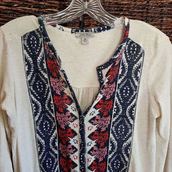Lucky Brand Linen Blend Button Up Long Sleeve Top Women's XS Cream  Boho Print - Picture 3 of 10